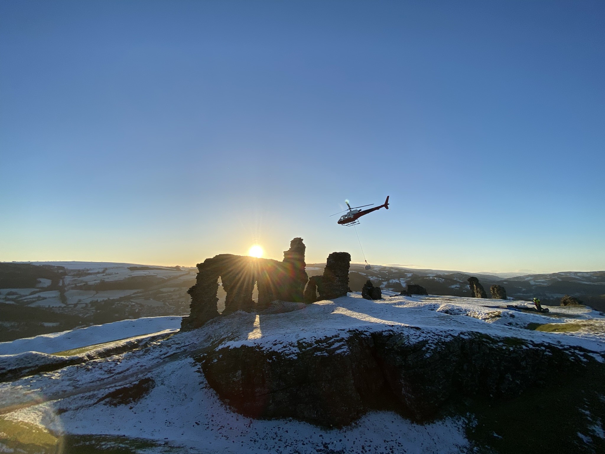 Helicopter in snow at Sunset